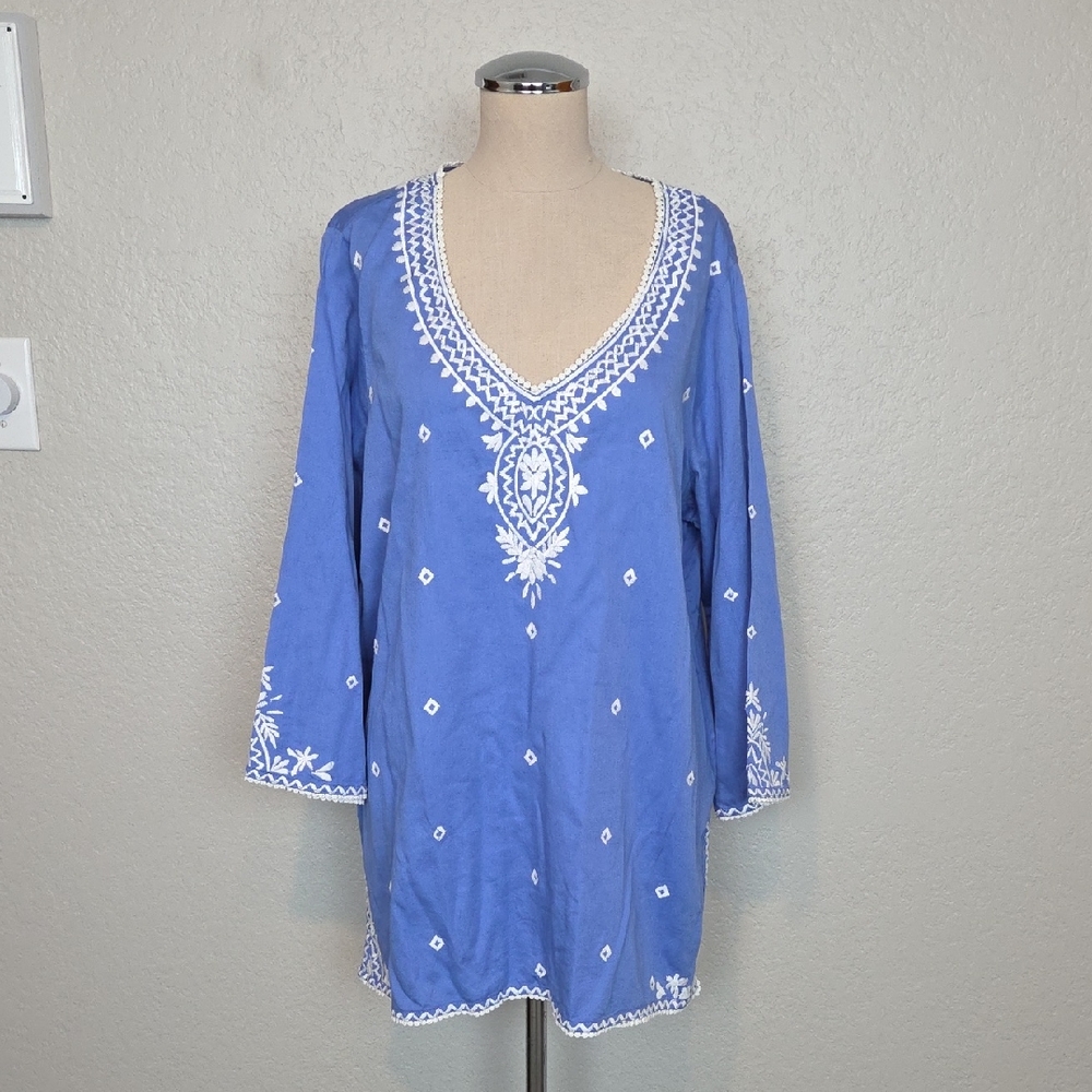 Sigrid Olsen Signature Blue Embroidered Cotton Tunic XL